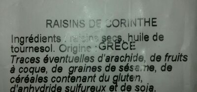 Raisins de corinthe ingredients label