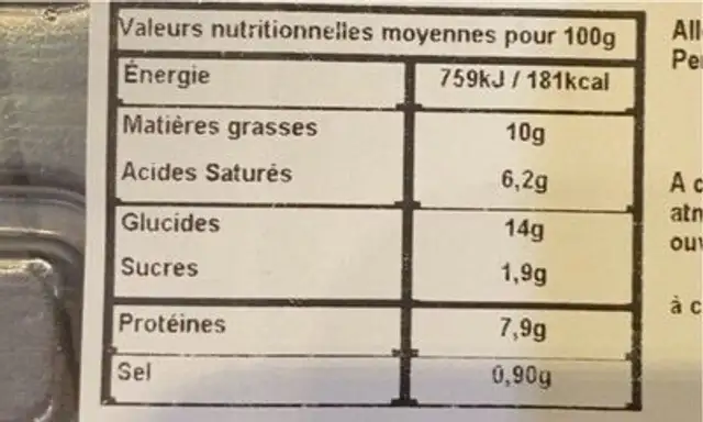 Tarte au thon nutrition facts table