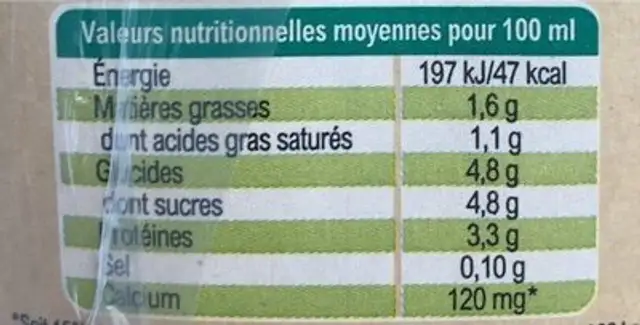 Le bon lait bio de ma Bretagne nutrition facts table