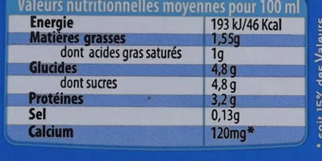 Lait demi-écrémé UHT BBC sans OGM Normandie nutrition facts table
