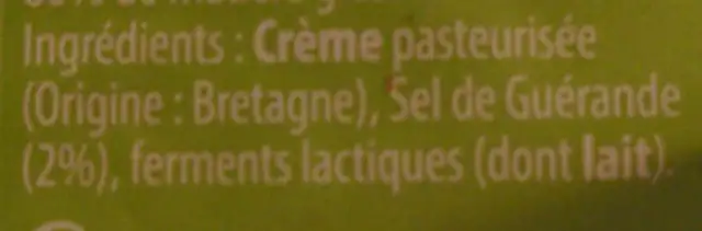 Beurre baratte Bleu Blanc Cœur 250g Sel de Guérande ingredients label