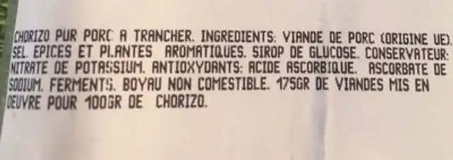 Chorizo ingredients label