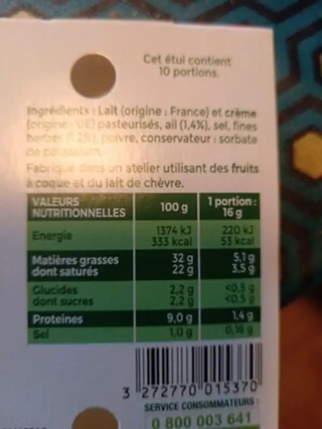 Tartare Ail & Fines herbes ingredients label
