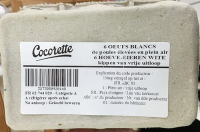 6 oeufs blancs de poules élevées en plein air
