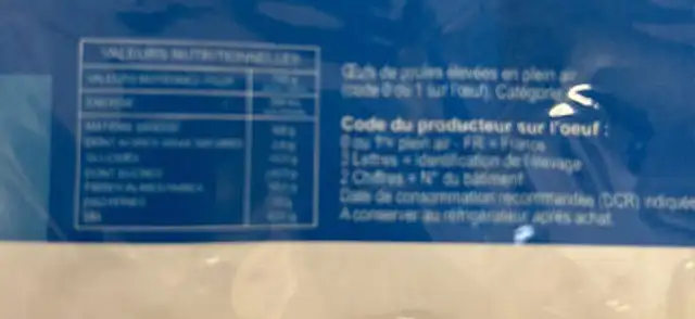 Œufs nutrition facts table