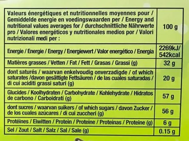 Les p'tits chocos nutrition facts table