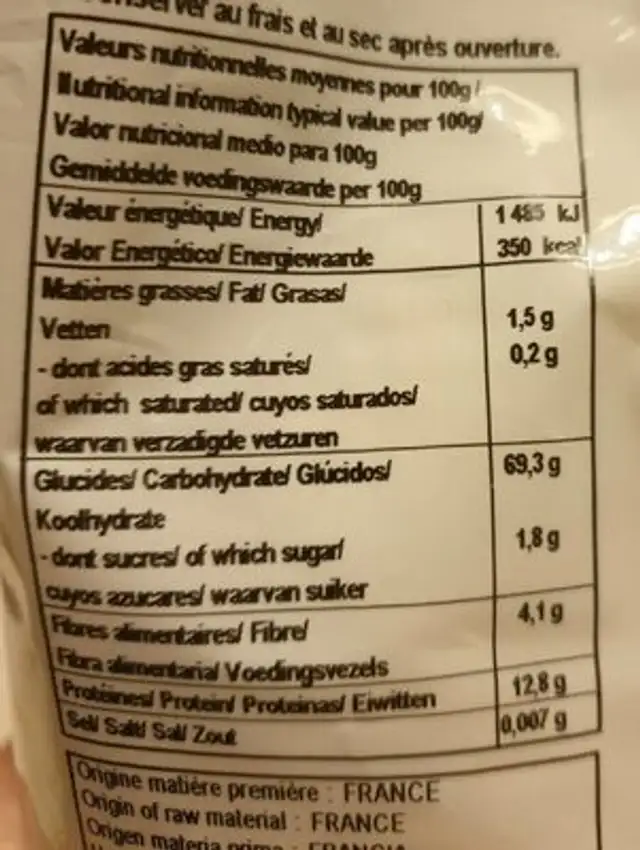 Farine de blé blanche T65 nutrition facts table