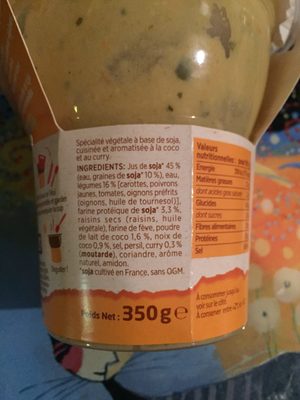 Repas végétal soja coco curry ingredients label
