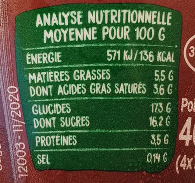 Dessert lacté biologique au chocolat nutrition facts table