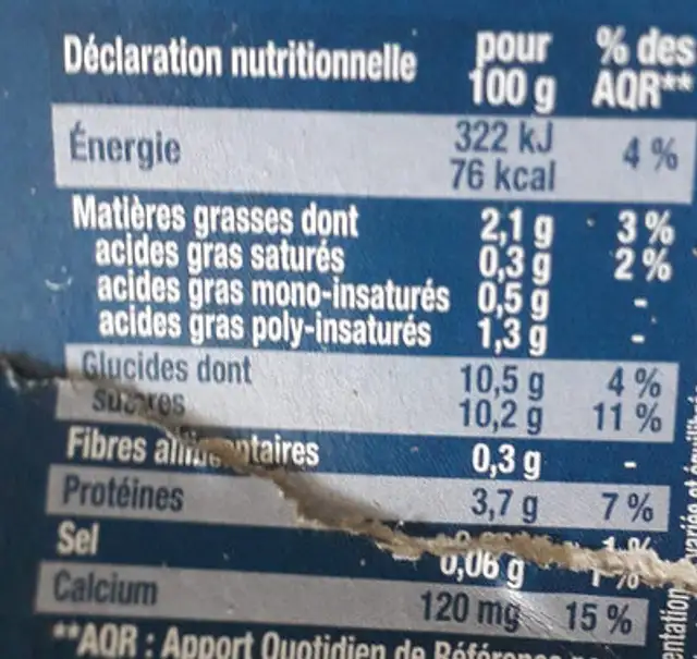 Dessert Myrtille nutrition facts table