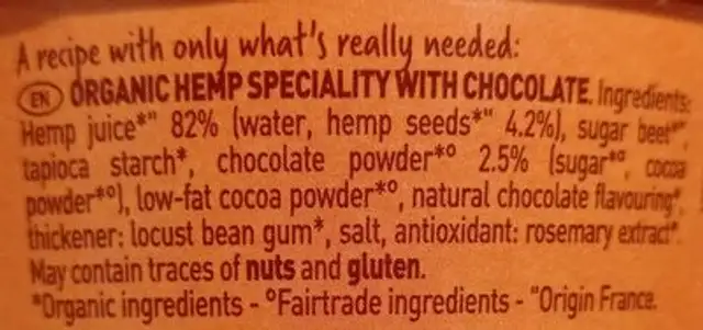 Hemp chocolate ingredients label