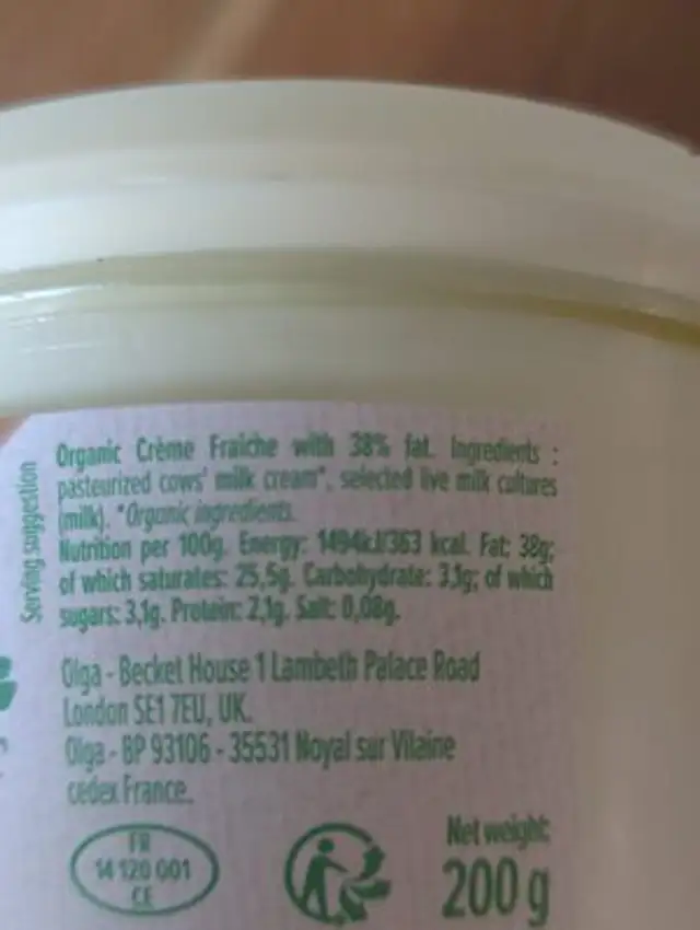 Crema fresca ingredients label