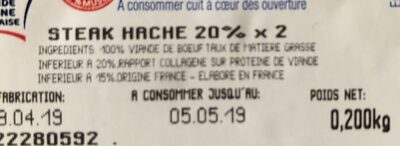 Steak hache 20% bigard ingredients label