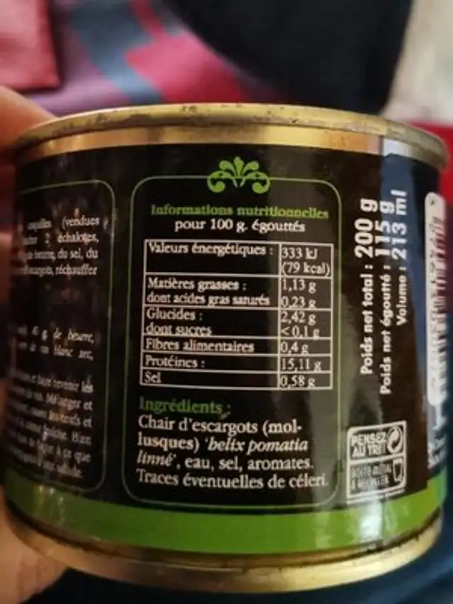 Escargots de Bourgogne nutrition facts table