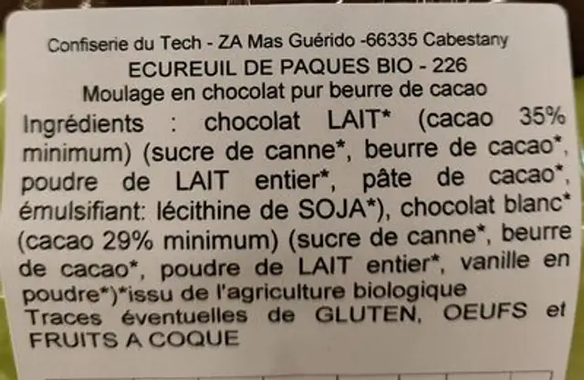 Bio écureuil de Pâques ingredients label