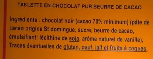 Chocolat noir ingredients label