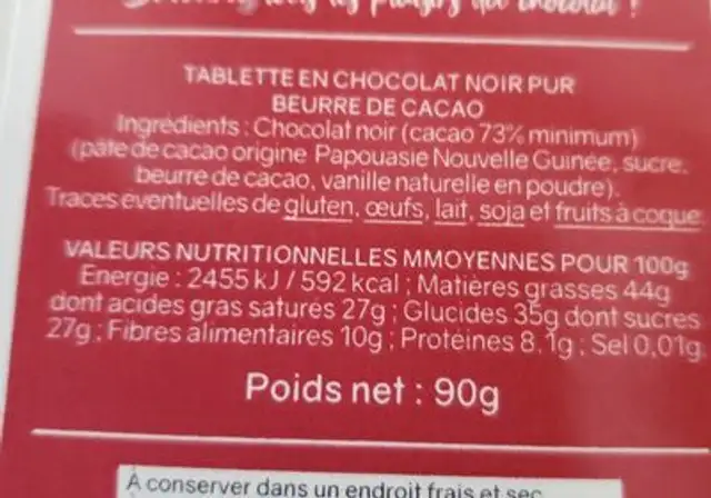 Chocolat noir nutrition facts table