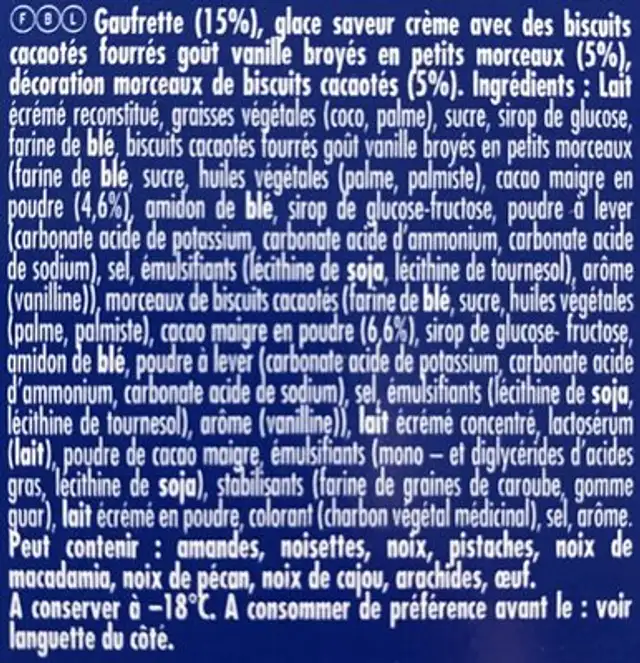 Glace Oreo ingredients label