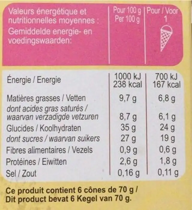 Glace vanille fraise nutrition facts table