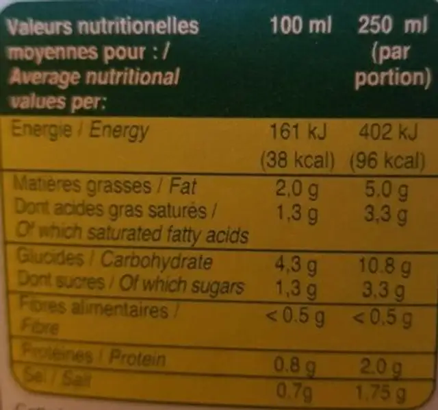 Velouté D'asperges nutrition facts table