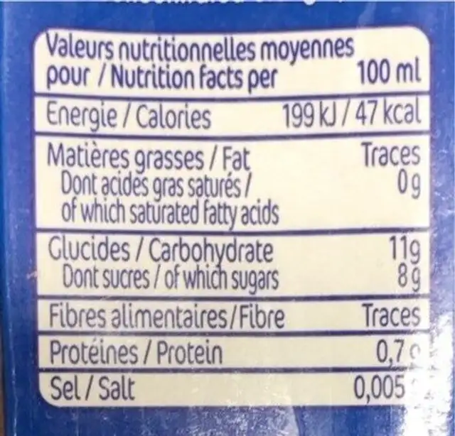 Jus D'orange A base de jus d'orange concentré nutrition facts table