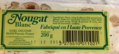 Nougat blanc fabrique en haute Provence front packaging