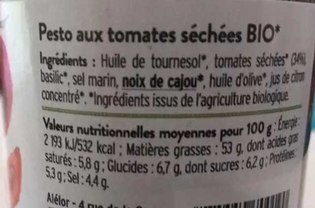 Tartinable aux Tomates séchées Bio 120g nutrition facts table