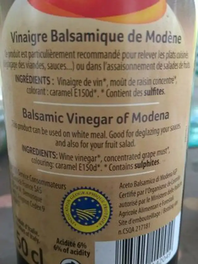 Vinaigre balsamique de Modène ingredients label