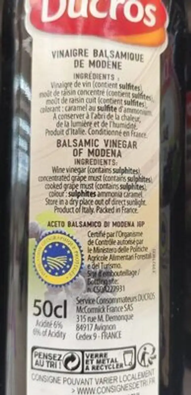 Vinaigre balsamique de Modène nutrition facts table