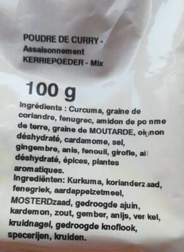 Poudre de curry ingredients label