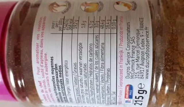 215G Raz El Hanout Ducros nutrition facts table