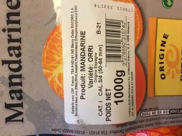 Mandarines ingredients label