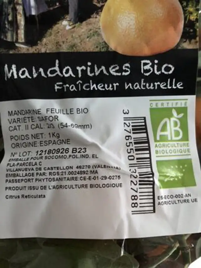 Mandarines Bio Fraicheur Naturelle ingredients label