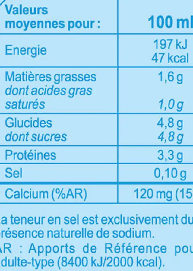 Lait des campagnes du nord de la France demi-écrémé nutrition facts table