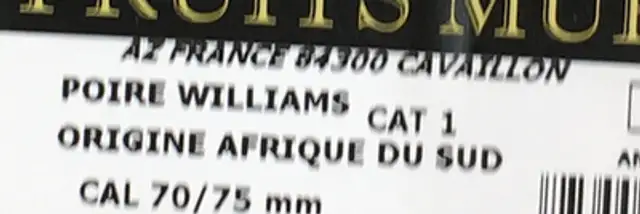 Poire Williams ingredients label