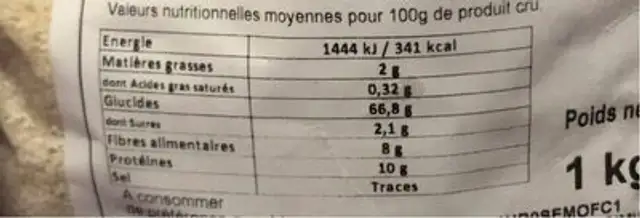Semoule d'Orge nutrition facts table