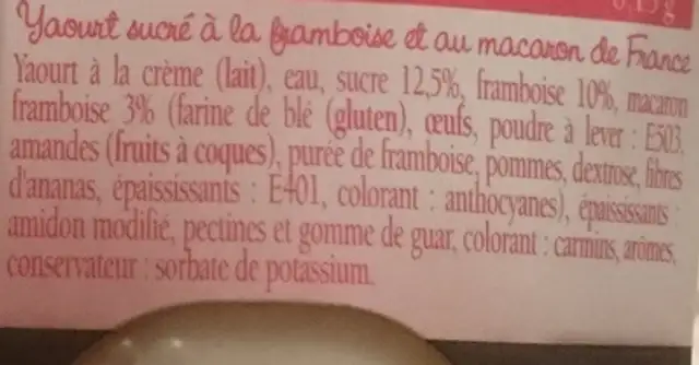 Yaourt au macaron framboise Savoie Yaourt ingredients label