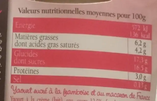 Yaourt au macaron framboise Savoie Yaourt nutrition facts table