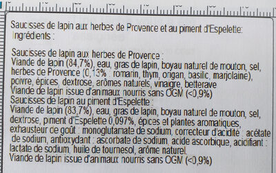 Saucisses de lapin ingredients label
