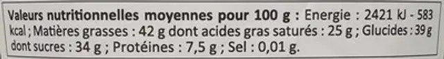 Pur chocolat nutrition facts table