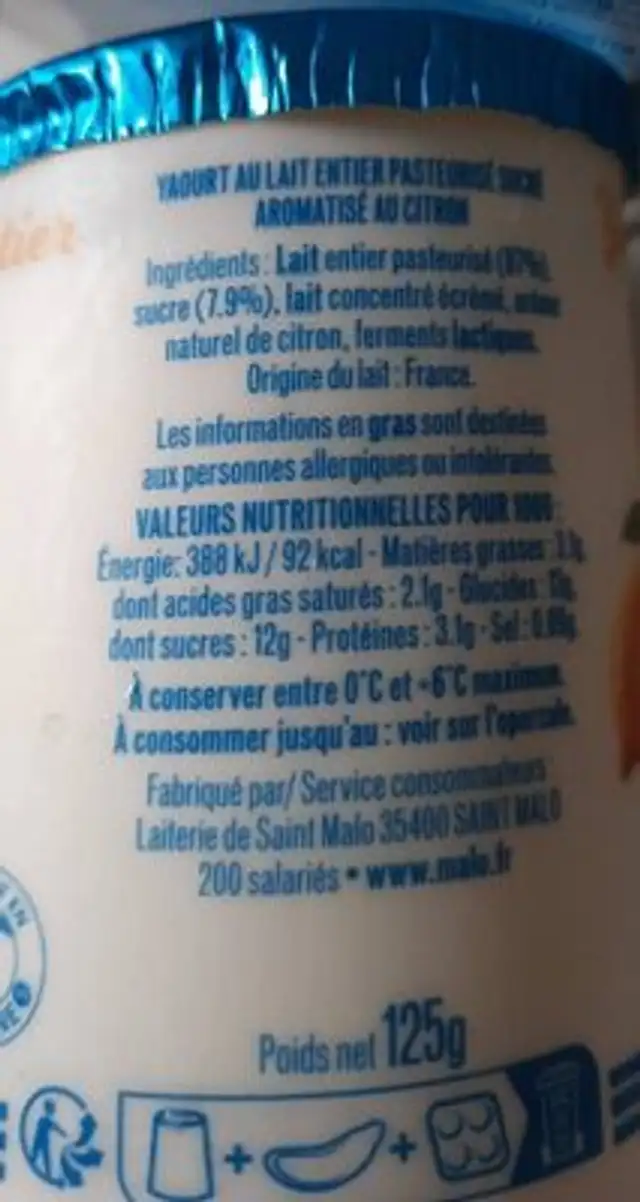 Yaourt saveur citron nutrition facts table