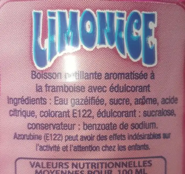 Boisson pétillante aromatisée ingredients label