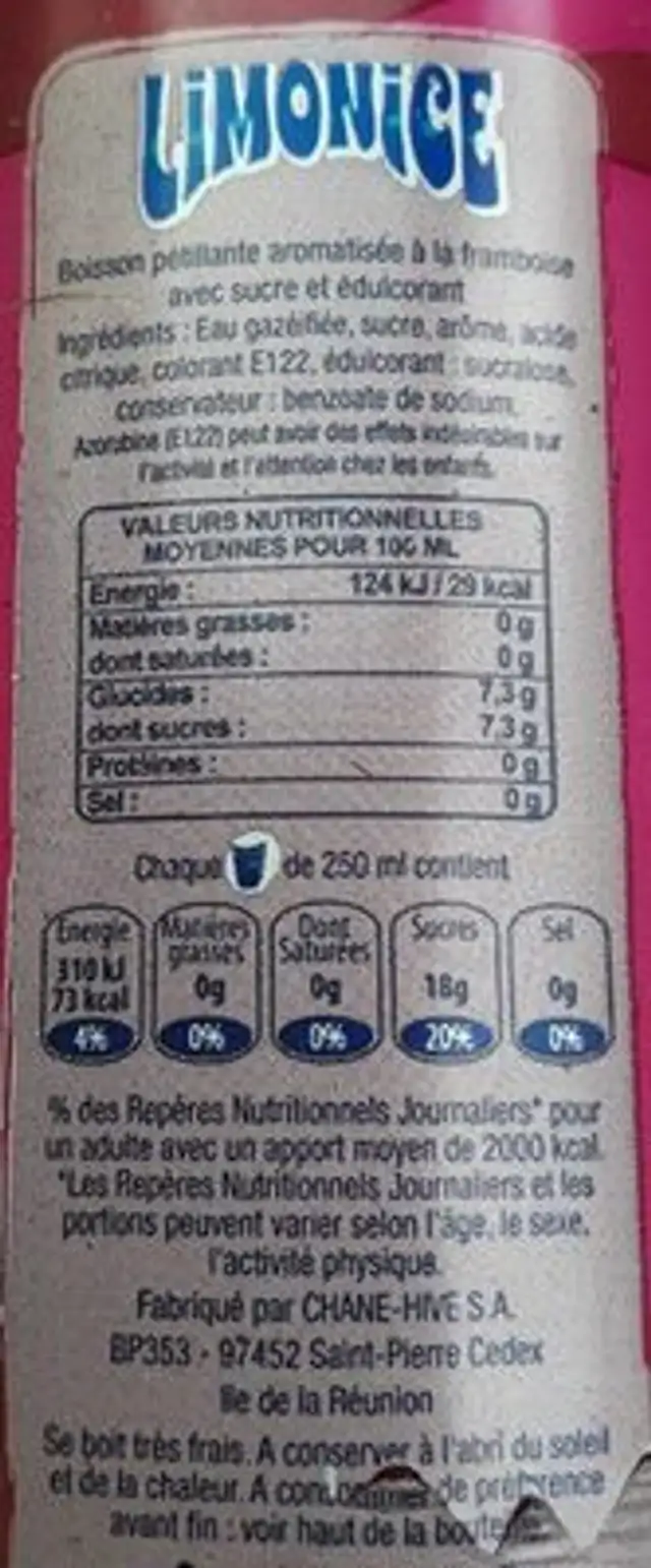 Boisson pétillante aromatisée nutrition facts table