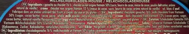 Mousse au chocolat au lait ingredients label