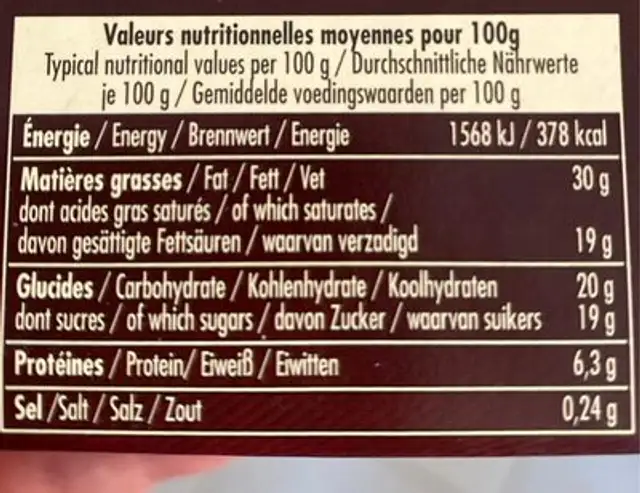Mousse au chocolat au lait nutrition facts table