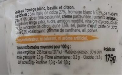 Sauce apéro citron basilic nutrition facts table