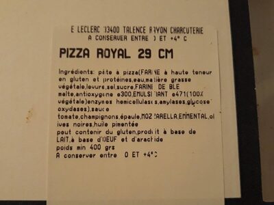 PZZA ROYAL ingredients label