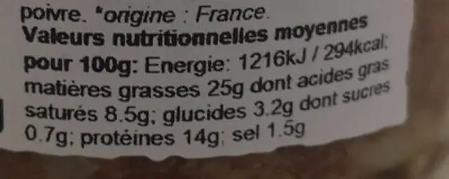 Terrine de canard à la truffe blanche nutrition facts table