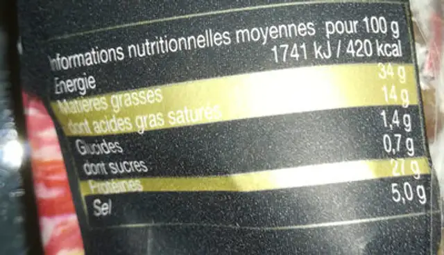 Saucisson sec Label Rouge nutrition facts table