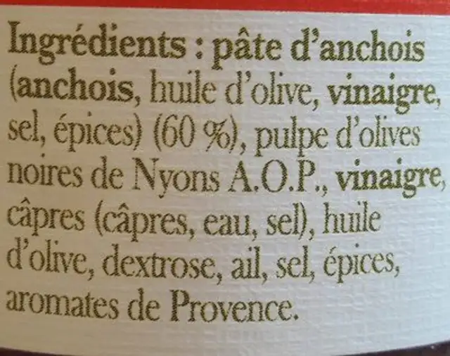 Anchoiade ingredients label